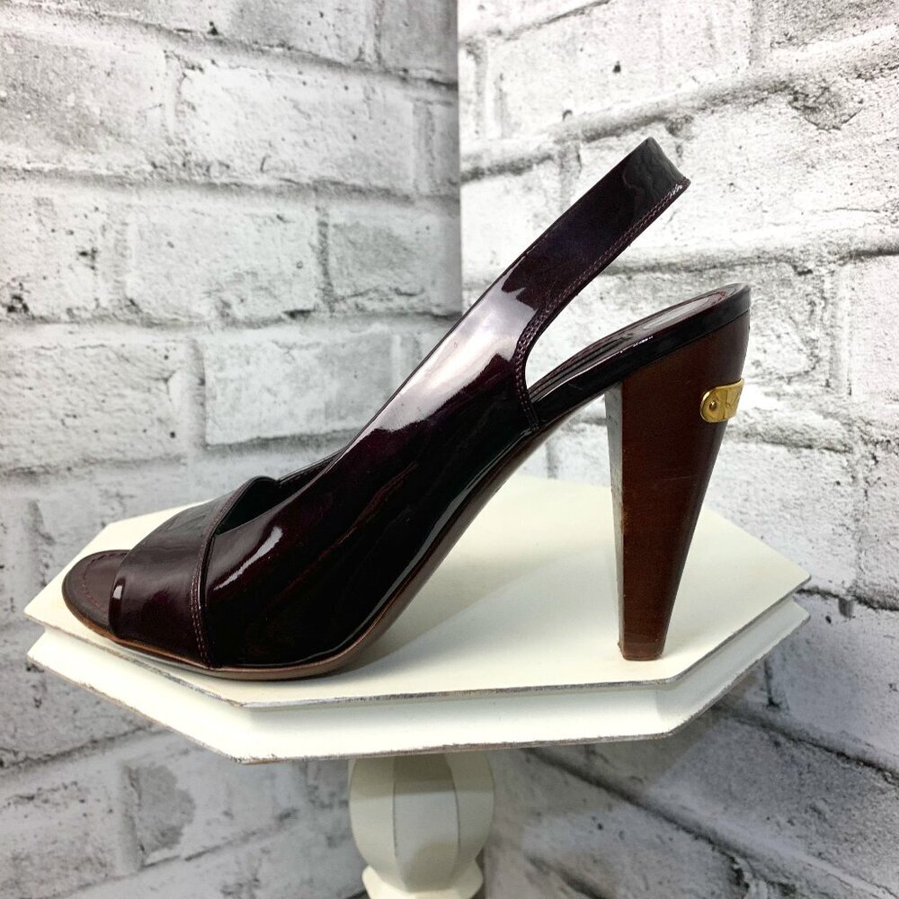 Louis Vuitton Burgundy Patent Leather Sling Back Open Peep Toe Pump